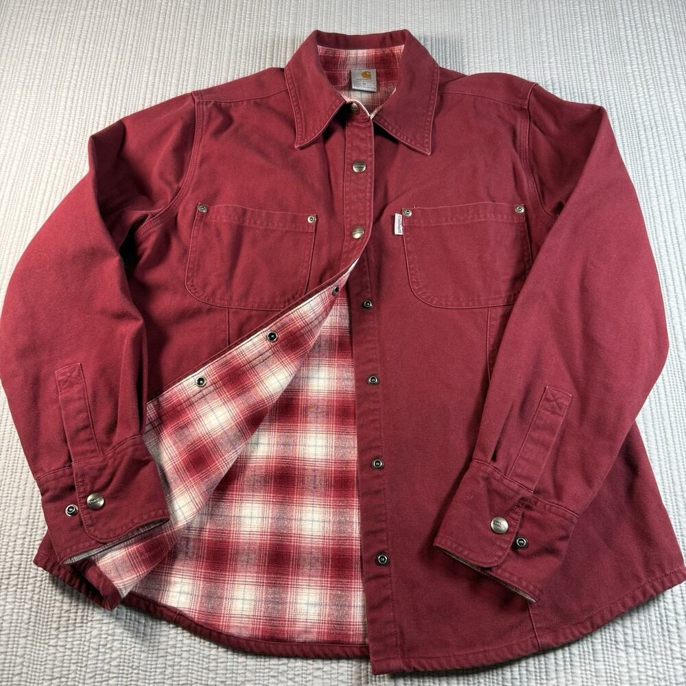 Carhartt Shirt Jacket Shacket Womens M Red Flannel Lined Snap Up Canvas Gorpcore